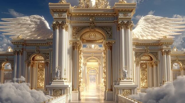 One of the twelve gates of New Jerusalem, a massive iridescent pearl, guarded by a radiant glowing angel, cinematic, mystical, and divine atmosphere with ethereal light.