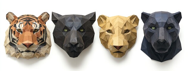 Four geometric paper animal heads a tiger, a black panther, a lioness, and a blue panther, against white