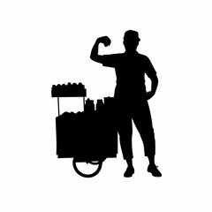 Silhouette of a street food vendor selling snacks from a cart isolated on white background