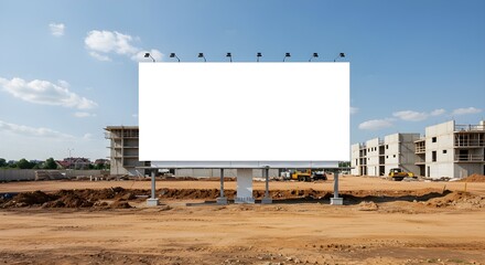 Large outdoor billboard mockup with mounted lights, placed near construction area. Ideal for realistic ad design and marketing visuals.