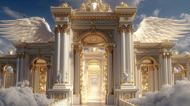 One of the twelve gates of New Jerusalem, a massive iridescent pearl, guarded by a radiant glowing angel, cinematic, mystical, and divine atmosphere with ethereal light.