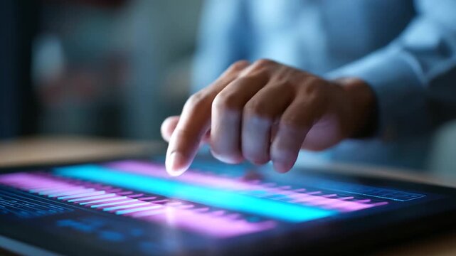 A futuristic marketing dashboard filled with SEO graphs and SMM tools glows in radiant neon. A businessman touches a central button releasing waves of connectivity and growth