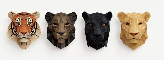 Four geometric animal heads, each with detailed features and distinct colors against a white background