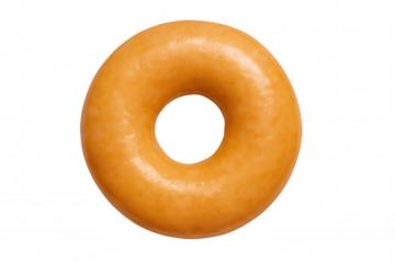 Glazed donut pastry, sweet dessert food, golden snack, confectionery sugar treat, ring shape breakfast