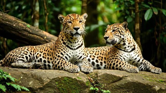 Two leopards rest peacefully on a large rock surrounded by dense greenery. Setting conveys tranquility and connection in the wild