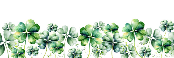 Seamless border Lucky Shamrocks Splash, St. Patrick's Day Celebration Watercolor Plant Illustrations Green clover leaf Irish Heritage and Luck pattern