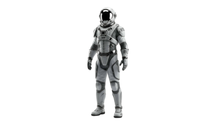 Spaceman in gray suit with glossy helmet, arms at side, dark bg