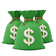 3d green money bags with dollar signs realistic render isolated on transparent background