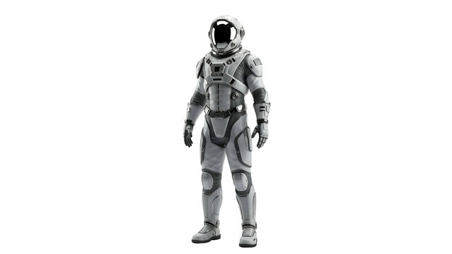 Spaceman in gray suit with glossy helmet, arms at side, dark bg - Powered by Adobe