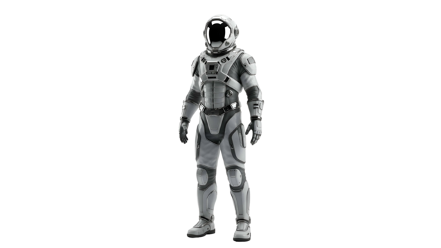 Spaceman in gray suit with glossy helmet, arms at side, dark bg