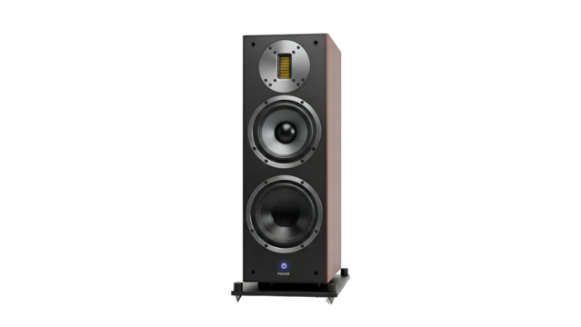 Tall speaker with ribbon tweeter and dual woofers on black base