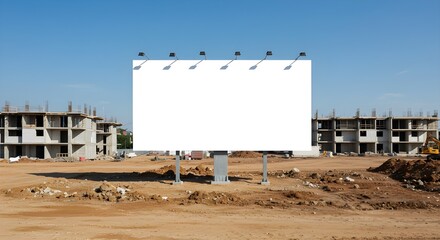 Obraz premium Blank billboard mockup supported by steel pillars in construction area. Suitable for outdoor campaign visuals, real estate promotion, and marketing design.