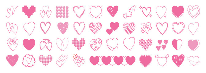 Hearts doodle element vector set. Hand drawn pink heart in various shapes. Design for valentine festival, sticker, icon, clipart.