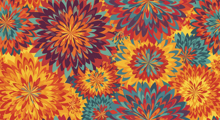 A vibrant explosion of colorful floral patterns in a repeating symmetrical design.