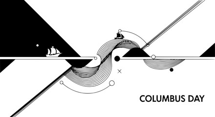 Columbus Day Abstract Art: An abstract artistic illustration celebrating Columbus Day, showcasing stylized geometric forms and a symbolic ship sailing towards the horizon.