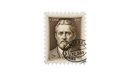 Sepia portrait on perforated postage stamp with a postmark