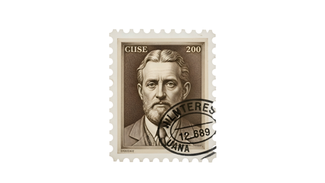 Sepia portrait on perforated postage stamp with a postmark