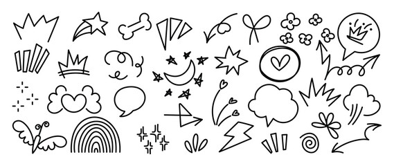 Obraz premium Doodle hand drawn element vector set. Scribble doodle line shape with speech bubble, heart, arrow, sparkle, crown, moon, bone, butterfly. Design for card, poster, cover, decorative element.