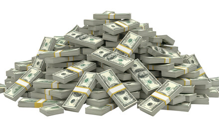 Large pile of money stacks isolated on transparent background