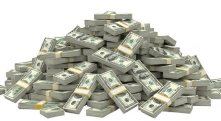 Large pile of money stacks isolated on transparent background