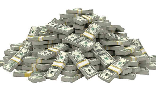 Large pile of money stacks isolated on transparent background