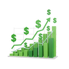 3d green bar graph with dollar signs showing upward financial trend isolated on transparent background