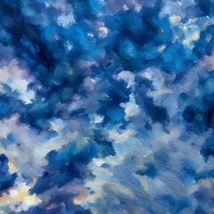 Deep-blue sky in dramatic rainy clouds with sun rays in the left bottom corner symbolizing hope; a square oil-painting-style abstract vector background for cold winter-themed prints and greeting cards