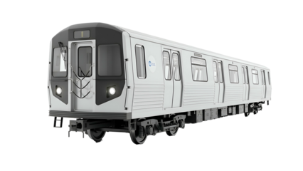 Subway train with a dark cab and light silver passenger cars