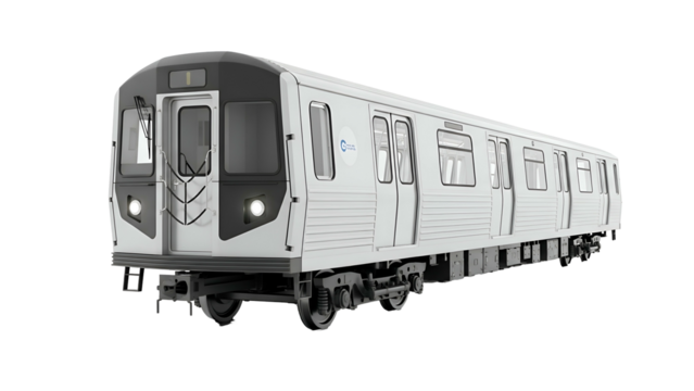 Subway train with a dark cab and light silver passenger cars