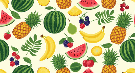 A vibrant pixel art pattern featuring a delightful assortment of fresh summer fruits perfect for a healthy lifestyle.