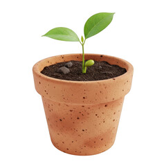 Tiny green seedling growing in terracotta pot symbolizing new life and growth isolated on transparent background