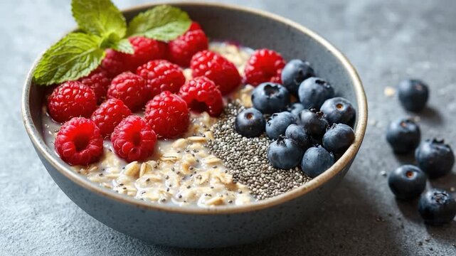 Fresh raspberries and blueberries on top of warm oatmeal