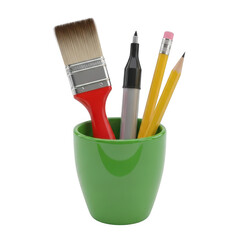 3d green pot with art supplies paintbrush pencil marker realistic render isolated on transparent background