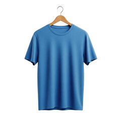 Plain blue t-shirt hanging on wooden hanger product photography mockup isolated on transparent background