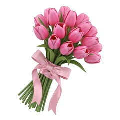 Beautiful pink tulip bouquet tied with a delicate ribbon and green stems isolated on transparent background