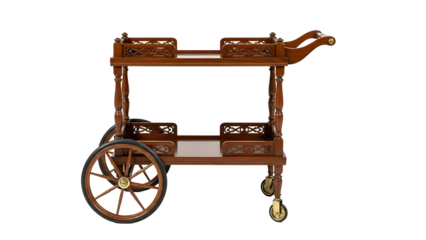 Ornate wood serving cart with wheels, two tiers, detailed design