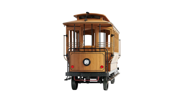 Wood-paneled old-fashioned railcar, back view, center isolated