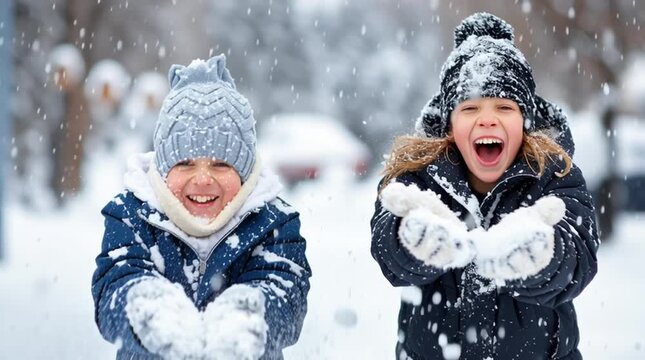 Playful snowball fight in soft snowfall, kids laughing and running, cozy winter clothing, joyful expressions, cinematic, fun-filled festive outdoor winter scene.