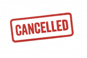 Red canceled rubber grunge stamp impression with textured ink on transparent background representing denial or rejection