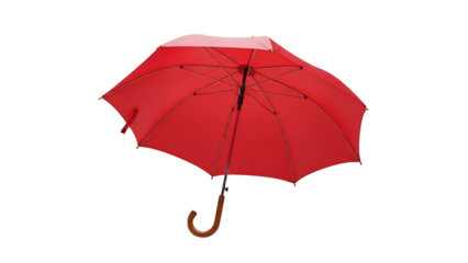 Open red umbrella against a black background showing its structure
