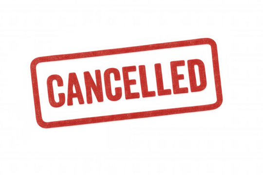 Red canceled rubber grunge stamp impression with textured ink on transparent background representing denial or rejection