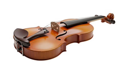 Glossy violin, side angle view, on a simple black background