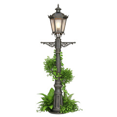 Ornate street lamp illuminated with lush greenery and climbing plants isolated on transparent background