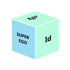 A colorful cube displaying the terms "Id," "Ego," and "Super Ego," representing Freud's psychological concepts of the human psyche