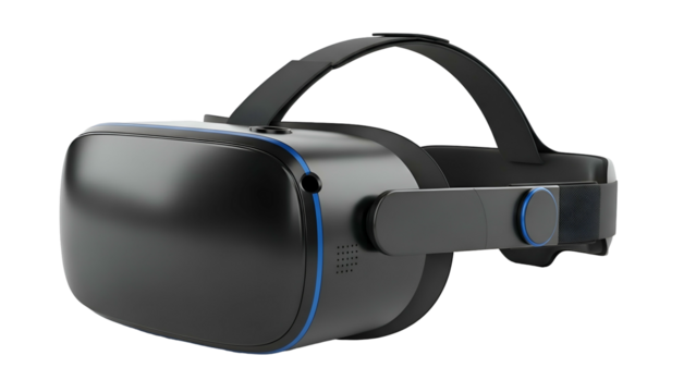 Black & blue VR headset angled on black background