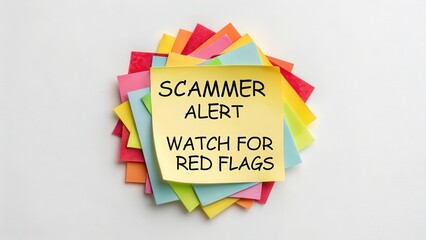 Scammer Alert message on a colorful stack of sticky notes