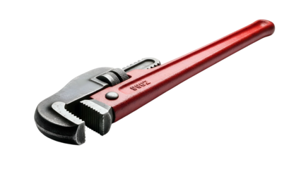 Red handled pipe wrench, steel jaws, isolated on black background