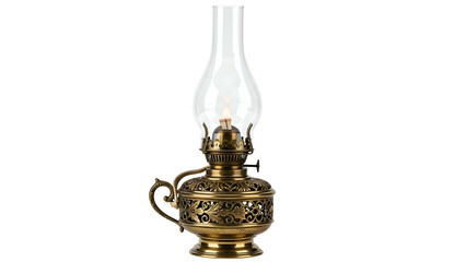 Ornate brass oil lamp burning with clear glass chimney