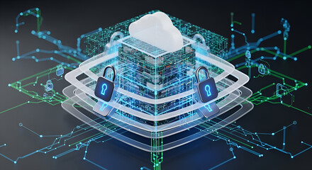 Futuristic digital security system with glowing data and padlocks