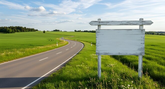 Empty directional road sign mockup on a countryside route under bright sky. Perfect for travel design, map concept visuals, or outdoor campaign templates. - Powered by Adobe
